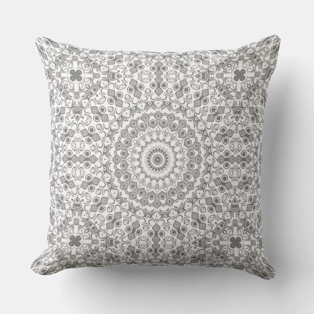 Gray Mandala Geometric Pattern Throw Pillow (Front)