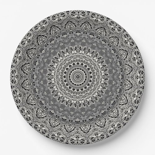 Gray Mandala Kaleidoscope Medallion Flower Paper Plates
