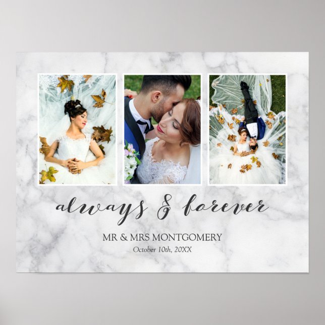 Gray Marble Always & Forever Wedding Photo Collage Poster (Front)
