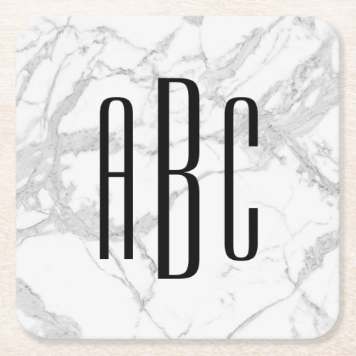 Gray Marble Black 3 Letter Wedding Monogram Square Paper Coaster