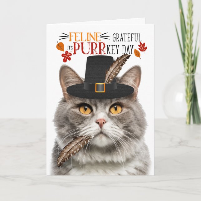 Gray Marble Cat Feline Grateful for PURRkey Day Holiday Card (Front)