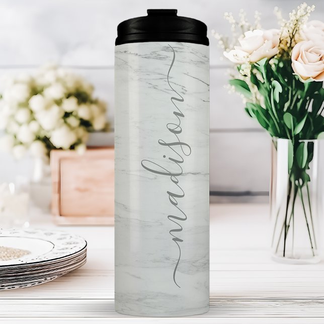 Gray Marble Chic Stylish Signature Script Name Thermal Tumbler (Creator Uploaded)