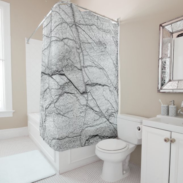 Gray Marble Dappled Concrete Shower Curtain (In Situ)