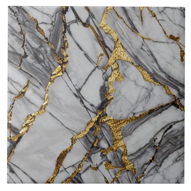 Gray Marble Effect with Bold Gold Fissures Ceramic Tile (Front)
