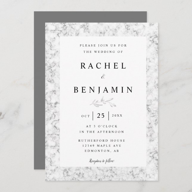 gray marble elegant simple modern chic wedding invitation (Front/Back)