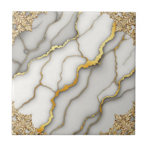 Gray Marble Gold Ornate Frame Pattern Ceramic Tile