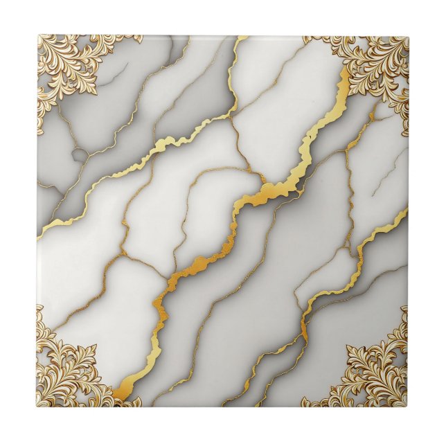 Gray Marble Gold Ornate Frame Pattern Ceramic Tile (Front)