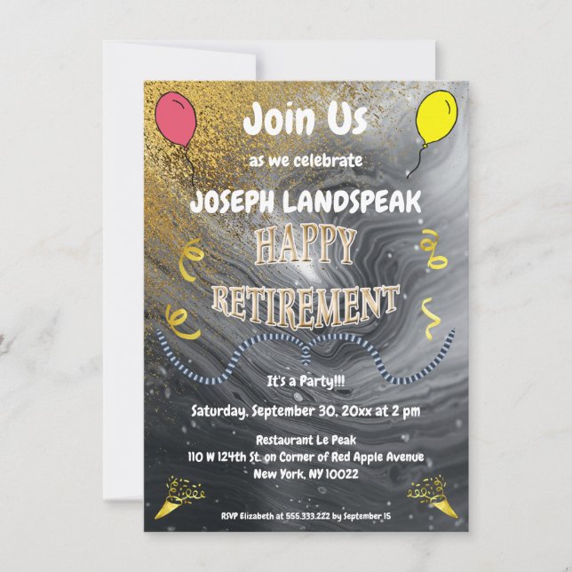 Gray Marble & Gold Streamers Happy Retirement Invitation (Front)