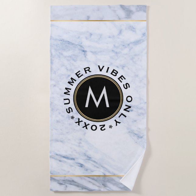Gray Marble Print Summer Vibes Only Text Beach Towel (Front)