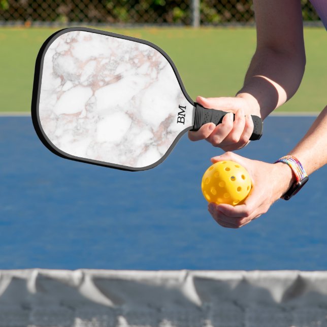 Gray marble rose-gold accents pickleball paddle (Insitu)