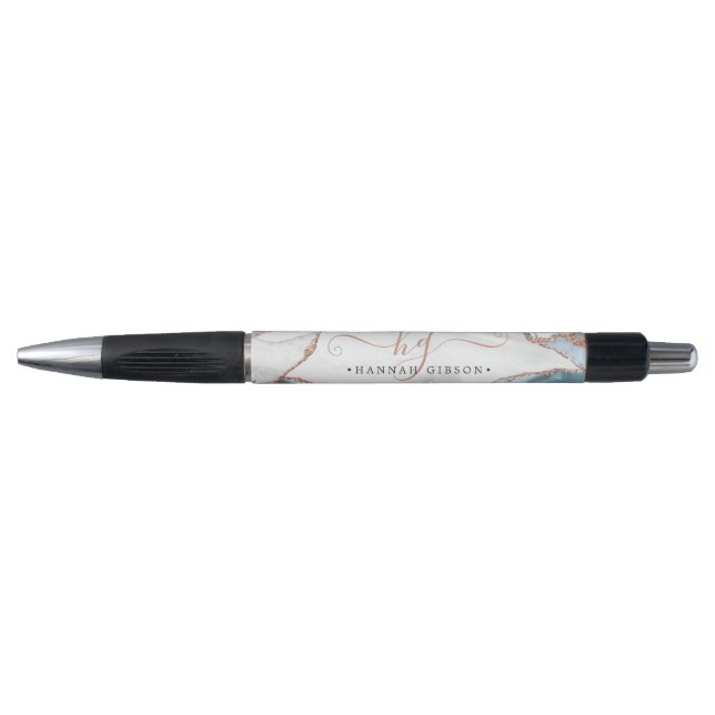 Gray Marble Rose Gold Glitter Monogram Initials Pen (Front)