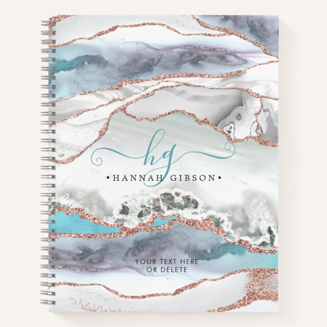 Gray Marble Rose Gold Glitter Teal Script Monogram Notebook (Front)