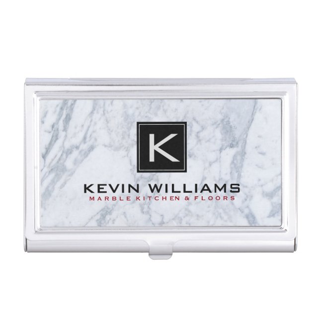 Gray Marble Stone Texture Black Accent Business Card Holder (Front)