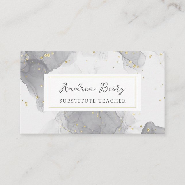 Gray Marble Swirls Substitute Teacher Business Card (Front)