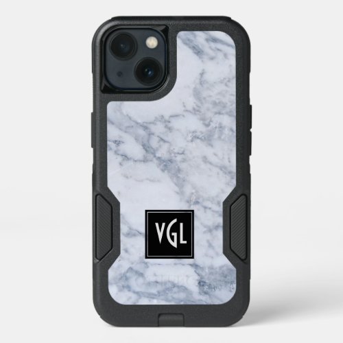 Gray Marble Texture Black Accent Monogram iPhone 13 Case