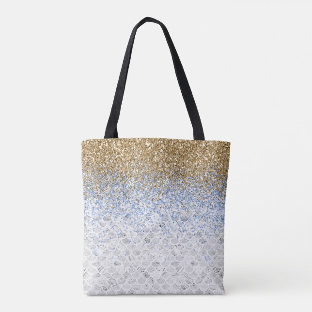 *~* Gray Marble Tiles Gold Blue Glitter Tote Bag (Back)