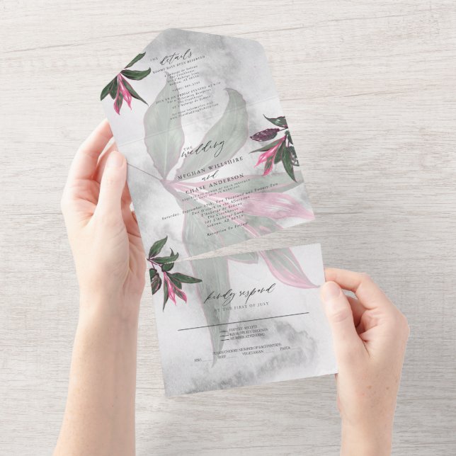 Gray Marble Tropical Pink Philodendron All In One Invitation (Tearaway)