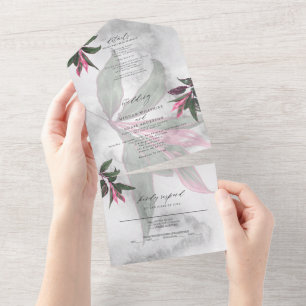 Gray Marble Tropical Pink Philodendron All In One Invitation