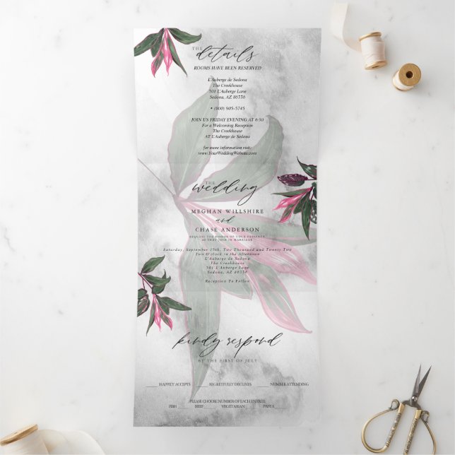 Gray Marble Tropical Pink Princess Philodendron Tri-Fold Invitation (Inside)