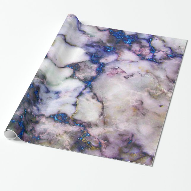 Gray Marble With Blue Glitter Wrapping Paper (Unrolled)