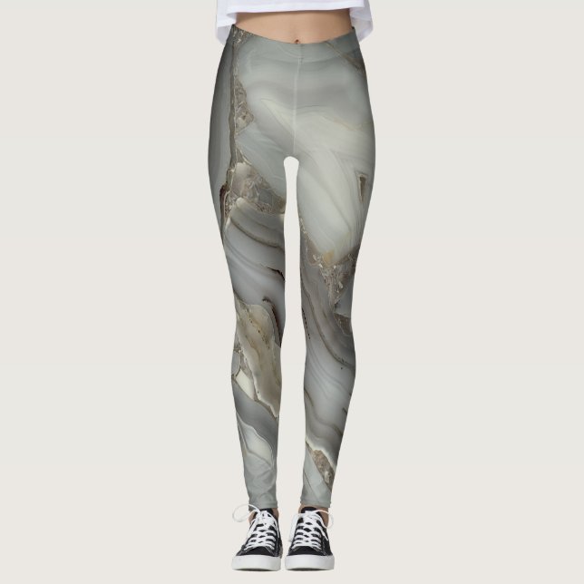 Gray Marble with Gold Vein Drawstring Bag Leggings (Front)