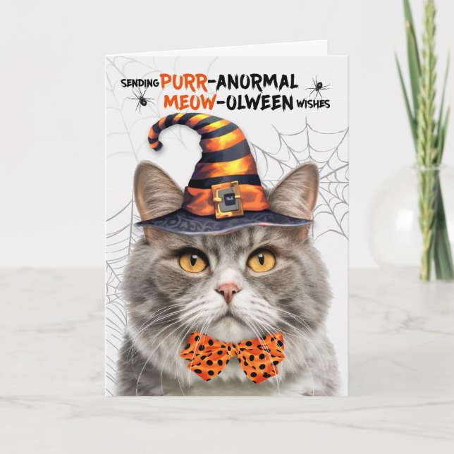 Gray Marbled Halloween Cat PURRanormal MEOWolween Holiday Card (Front)