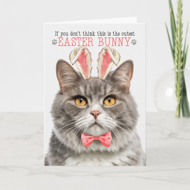 Gray Marbled Tabby Cat in Bunny Ears for Easter Holiday Card (Front)