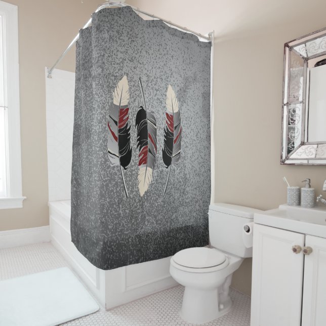 Gray, Maroon & Cream Feather Design on Grunge Gray Shower Curtain (In Situ)