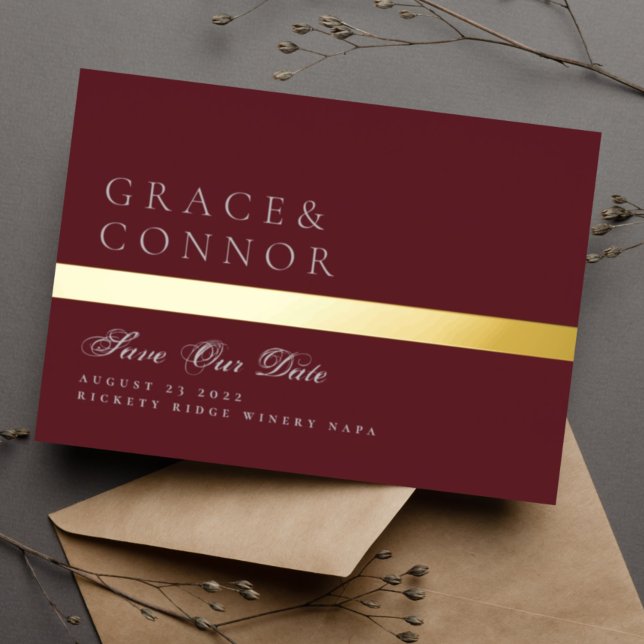 Gray Maroon Red Burgundy Gold Stripe Save The Date Foil Invitation (Creator Uploaded)