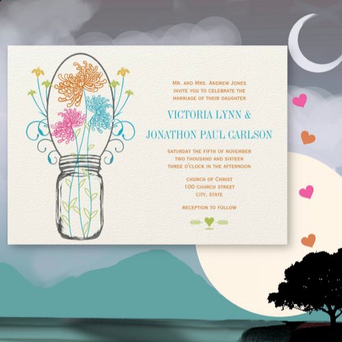 Gray Mason Jar Pink Coral Lime Aqua Floral Wedding Invitation