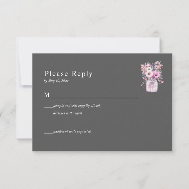 Gray Mason Jar with Flowers RSVP Card (Front)