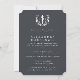Gray MD Asclepius + Laurel Wreath Graduation Invitation