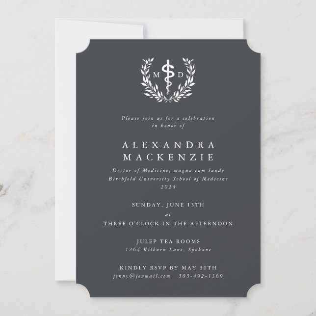 Gray MD Asclepius + Laurel Wreath Graduation Invitation (Front)