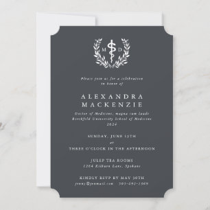 Gray MD Asclepius + Laurel Wreath Graduation Invitation