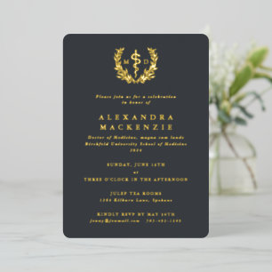 Gray MD Asclepius+Laurel Wreath Graduation Party Foil Invitation