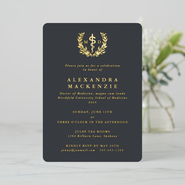 Gray MD Asclepius+Laurel Wreath Graduation Party Foil Invitation (Standing Front)