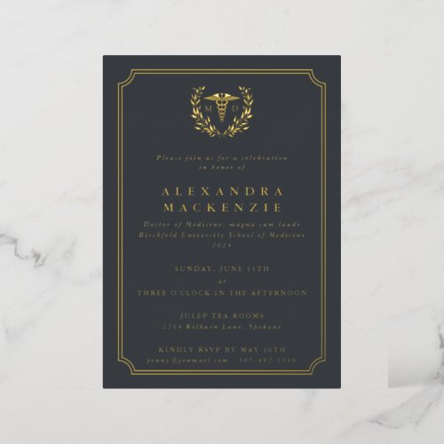 Gray MD CaduceusLaurel Wreath Graduation Foil Invitation