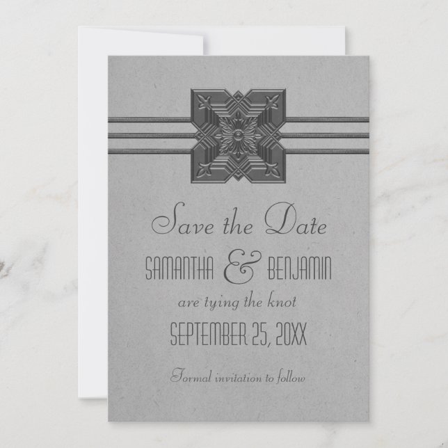 Gray Medallion Border Save the Date Invite (Front)