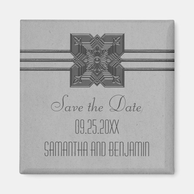 Gray Medallion Border Save the Date Magnet (Front)
