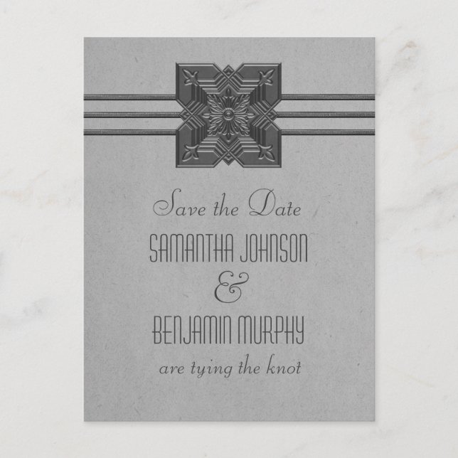 Gray Medallion Border Save the Date Postcard (Front)