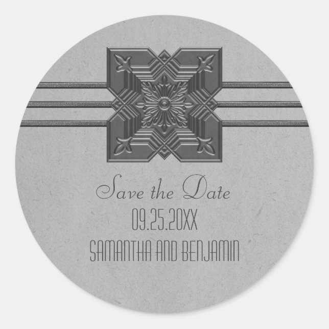 Gray Medallion Border Save the Date Stickers (Front)