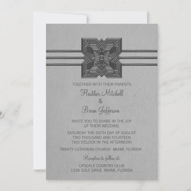 Gray Medallion Border Wedding Invite (Front)