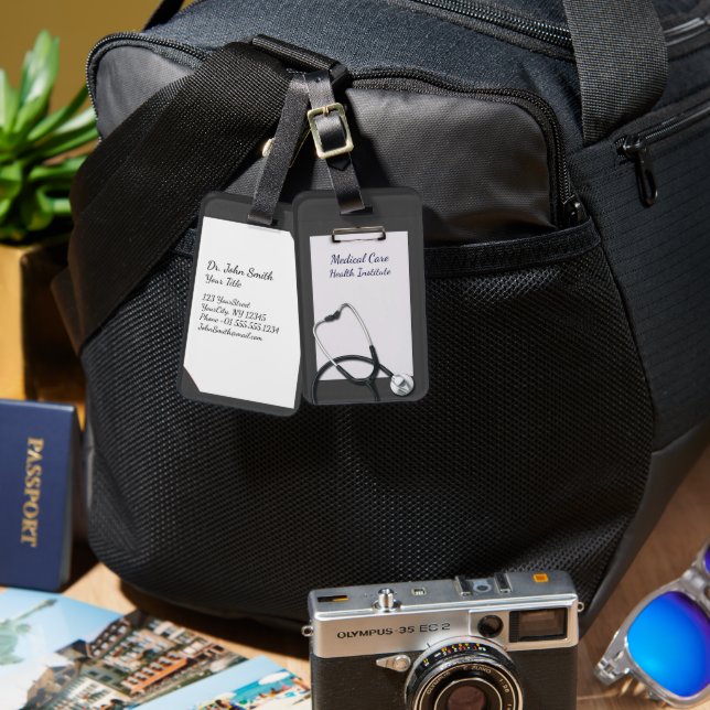 Gray Medical Clipboard with Stethoscope Luggage Tag (Front & Back)