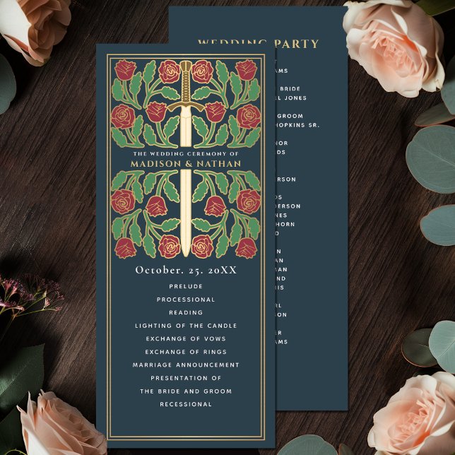 Gray Medieval Gold Floral Sword Royal Wedding Program (Creator Uploaded)