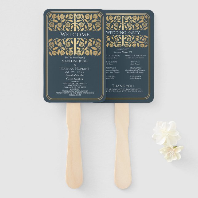 Gray Medieval Gold Sword Royal Wedding Program Hand Fan (Front and Back)