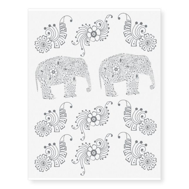 Gray Mehndi  Baby  Elephant Temporary Tattoos (Front)