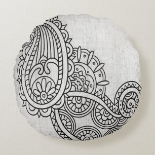 Gray Mehndi Motif Round Pillow