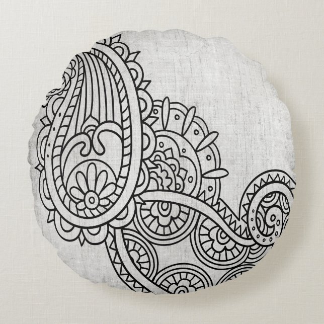 Gray Mehndi Motif Round Pillow (Front)