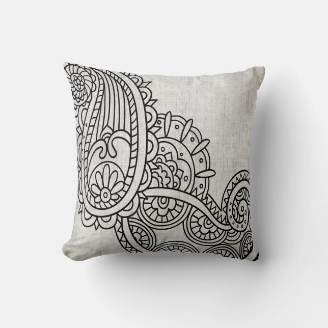 Gray Mehndi Motif Throw Pillow (Front)