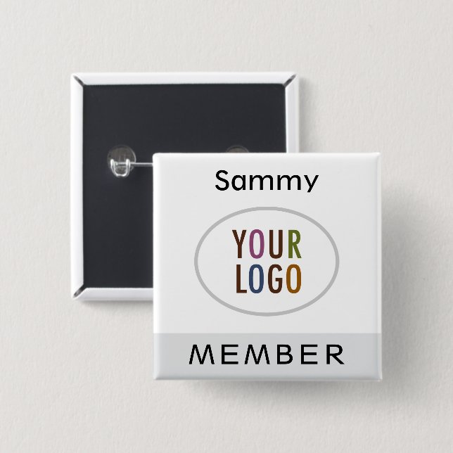 Gray Member Name Button with Logo Pinback Square  (Front & Back)